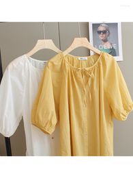 Women's T Shirts Lamtrip Unique Solid Lantern Sleeve Cotton Bow T-Shirt Shirt Kawaii Tee Top 2023 Summer