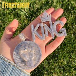 Necklaces New Iced Out Bling Crown Badge CZ Letter King Pendant Necklace Cubic Zirconia Fist Power Charm Men Fashion Hip Hop Jewellery