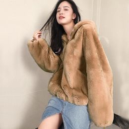 Women's Fur & Faux Coat Women Autumn And Winter Loose Cocoon-Shaped Thick Clothes Zipper Hooded Puff Sleeves Teddy