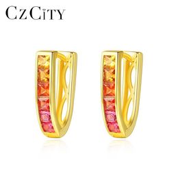 Huggie CZCITY Round Colorful Topaz Hoop Earrings for Women Fine Jewelry 925 Sterling Silver Orecchini Donna Bijoux Femme Gifts SE0126