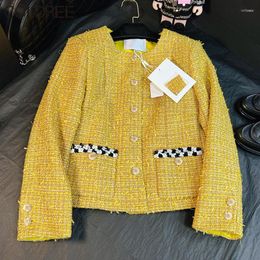 Women's Jackets Luxury Designer Yellow Women Jacket 2023 Korean Fashion Vintage O-neck Wool & Blends Coats Mujer Autumn Winter Clothes