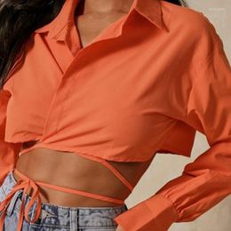 Women's Blouses Chic Streetwear Sexy Cropped Tops Women Turn-Down Collar Long Sleeve Casual Lace Up Tie Bandage White Shirts 22421