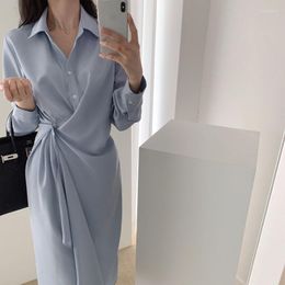 Casual Dresses Sky Blue Office Lady Blouse Dress Japanese Elegant Shirt Women Spring Summer Korean Fashion Mid Length