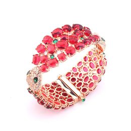 Bangles Designer Collection Style Women Lady Plated Rose Gold Colour Inlay Zircon Red Stone Double Snake Head Snakelike Bangle Bracelet