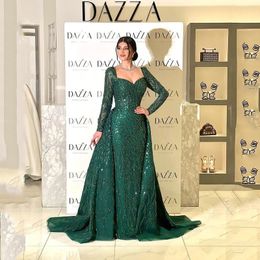 Sweetheart Beaded Crystal Evening Dresses with overskirt arabic aso ebi hiunter green Long Sleeve prom Occasion Formal dress wear Plus Size