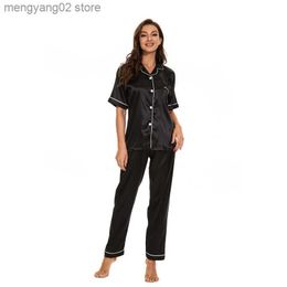 Pijamas de gestão feminina para mulheres de cetim de cetim feminino 2 peças 2 peças Pijamas Manga curta Casual Casual Casual Casual Spring Summer Paijama Conjunto de roupas de dormir de seda T230523