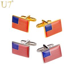 U7 Mens Cufflinks National Flag Of The US 4th of July Jewelry Groomsmen Gift Gold Color Business Suit Cuff Links Buttons C1001