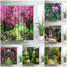 Shower Curtains Spring Rural Landscape Shower Curtains Set Pink Flowers Tree Forest Natural Floral Green Plant Scenery With Hooks Bathroom Decor 230523
