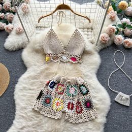 Women's Tracksuits Summer Bohemia Crochet Two Pieces Sets Women Sexy Hollow Halter Backless Camis Tank Top With High Waist Wide Leg Shorts