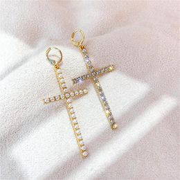 Dangle Earrings Trend Asymmetric Zircon Pearl Cross For Women Hip Hop Crystal Metal Long Earring Wedding Party Fashion Jewellery