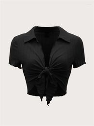 Women's Blouses Sexy Knot Lettuce Trim Short Sleeve Rib Knit Crop Top Women Summer Solid Black Turn Down Collar Blouse Tee Shirts Streetwear