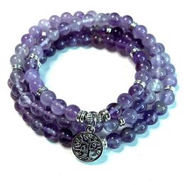 Bangle 8mm Natural Amethyst Beaded 108 Mala Wrap Bracelet Meditation Yoga Prayer Jewelry Stretchable Cord Bangle for Women