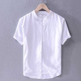 Men's Casual Shirts Men's cotton linen short sleeve shirt stand collar linen plain casual shirt literary linen shirt men AA230523