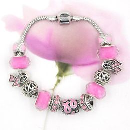 Bangle 10pcs DIY European Style Pink Ribbon Bead Breast Cancer Pink Ribbon Bracelet Fit Pandr Bracelet for Women Jewellery