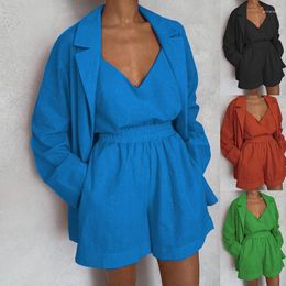 Women's Tracksuits Ladies Summer Casual Elegant Suit Coat Shorts Set Girls Blazer Vest Three Piece Womens Green Blue Loose Matching Outfits