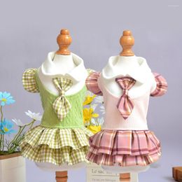 Dog Apparel Cute College Style Skirt Princess Girls Clothes Bow Shirt Dress Coat Plaid Tutu Flying Sleeve Thin For Small