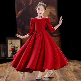 Girl's Dresses Wine red satin silk retro elegant long dress suitable for girls princess ball velvet warm birthday parties Easter Lolita dresses G220523