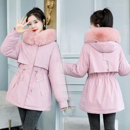 Women's Trench Coats Winter Cotton Paisley Women's Large Fur Collar Thickened Hooded Coat Fashion Slim Warm Jacket Korean Women