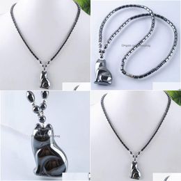 Pendant Necklaces Black Non Magnetic Cat Necklace Natural Hematite Stone Beads Strand 18 Length Fashion Jewellery Gift F3036 Drop Deli Dhlyd