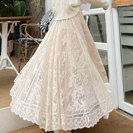 Skirts Korean Chic Spring Autumn Women Maxi Skirt High Waist Black Apricot White Hollow Out Fairy Elegant Lace Party Long