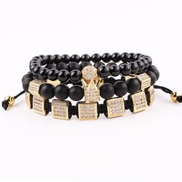Bangle Luxury Men Bracelet Jewelry CZ Pave Square Crown Charm Natural Stone Onyx Beaded Bracelet Set For Man