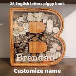 Decorative Objects Figurines Twenty-six Letter Piggy Bank Wooden Coin Money Saving Box Jar Coins Storage Box Desktop Ornament Home Decor Crafts G230523