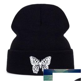 Beanie/Skull Caps Butterfly Embroidery Beanie Hat New Uni Winter Hats Women Men Solid Autumn Beanies Knitted Sklcap Hip Hop Dhgarden Dhzam