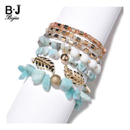 Bracelets Natural Stone Bracelets Set For Women Golden Leaf Rondelle Rose Quartz Geometric Hematite Crystal Bead Bracelet Jewelry BCSET315