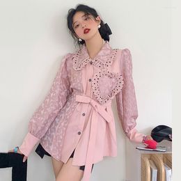 Women's Blouses Pink Cherry Blossom Colo Jacquard Lace Floral Blouse Women Agaric Edge Tops Love Belt Blast Street Young Fashionable French