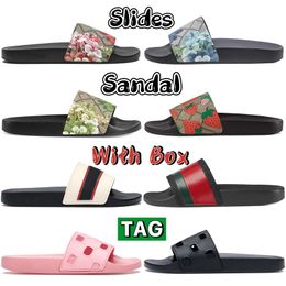 With Box slides sandals mens flats designer slippers black canvas blue floral strawberry print web rubber slide beach sandal womens summer flip flops slipper shoes