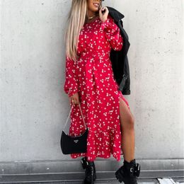 Casual Dresses 2023 Spring Round Neck Long Sleeve Floral Printed Dress Red Blue Daily Female Sexy Side Split Maxi