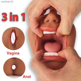 Masturbators 3 Channels Deep Throat Mouth Male Masturbator Soft Tongue Oral Aircraft Cup Sex Shop Toys For Men Realistic Vagina Pussy Pocket L230518