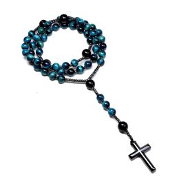 Necklaces Natural Light Blue Tiger Eye Onyx Catholic Christ Rosary Necklaces Bead Long for Men Hematite Cross Pendant Necklace Meditation