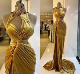 Gold Veet Prom Dresses Elegant Ruched Long Sweep Train Mermaid Evening Party Gowns Side Slit High Neck Crystals Beading Sleeveless Arabic Robe De Custom BC14502