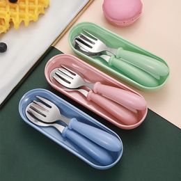 Dinnerware Sets Small Round Dining Room Table Set 2pcs Stainless Steel Baby Tableware Portable Spoon And Fork With Storage Box Cute
