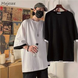 Men's T-Shirts Tshirts Men Three Quarter Sleeves Patch Designs Fake Twopieces Harajuku Ins Leisure Loose Mens Top Street Wear Tees Ulzzang BF Z0522