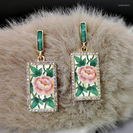 Dangle Earrings Classic Enamel Plant Green Leaves Red Flower Earring Luxury Printing Blossom Rose Wedding Women Jewelry