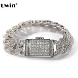 Bangle UWIN 16mm Mens Bracelet Baguettecz Prong Cuban Link Bracelet Iced Out CZ Jewelry Hip Hop Rock Fashion Jewelry Gift For Party