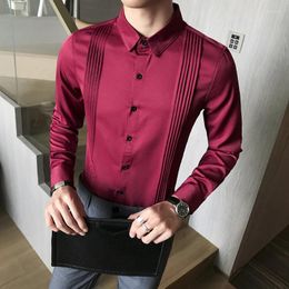 Men's Dress Shirts Men's Tuxedo Front Pleated Slim Fit Long Sleeve Blouse Gentleman Groomsman Party Wedding Ceremonial Shirt Man Red