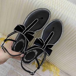 Women Summer Sandals Fasshion GVelvet Thong Sandals Butterfly-Knot Crystal Flats Runway Outfit Beach Flip Women Slids 40 X230523