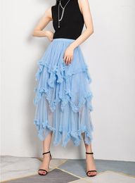 Skirts Women Layered Tulle Long Fashion High Waist Pleated Mesh Solid Color Frill Trim Ruffle Midi Skirt Longue Falda Mujer