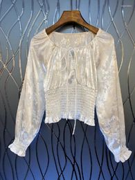 Women's Blouses High Quality Silk 2023 Autumn Fashion Tops Women Vintage Jacquard Floral Print Long Sleeve Sexy White Blue Khaki