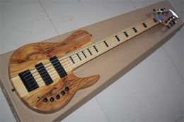 6 Strings Natural Wood Color Electric Bass Guitar with Neck-thru-body Black Hardware Maple Fingerboard Active pickups