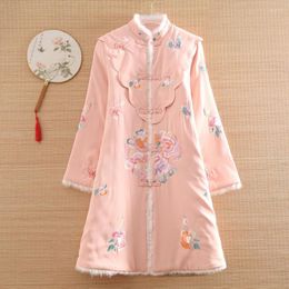 Ethnic Clothing Chinese Style Embroidery Single Breasted Cotton Coat Winter Stand Collar Splicing Mink Hair Jacket Women S-XXL
