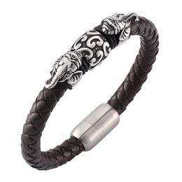 Charm Bracelets Trendy Jewellery Men Brown Braided Leather Elephant Bracelet Vintage Stainless Steel Magnetic Clasp Lucky Bangles SP0135