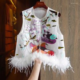 Ethnic Clothing Exclusive Design Chinese Style Exquisite Embroidery Feather Splicing O-Neck Silk Vest Fashion Celebrities Women's Top