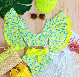 Clothing Sets Kid Girls TwoPiece Bathing Suit Bikini LemonStarfishStripe Baggy Sleeve Swim Tops High Waist Shorts 230522