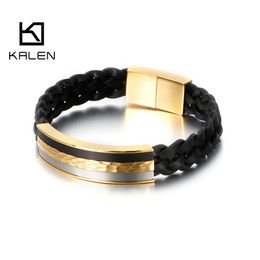 Bangle KALEN 21.5cm Black Genuine Leather Bracelet Men Stainless Steel Hip Hop Biker Bracelet Jewelry