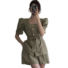 Women's puff short sleeve sashes blouse and high waist shorts 2 pc pants suit summer twinset