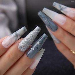 False Nails Extra Length Grey Marble Texture Gradient Natural Colour Press On Long Coffin Grey Glitter Fake